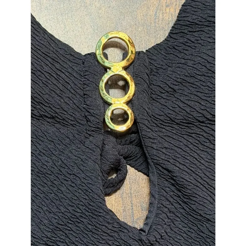 Trina Turk Textured Black Halter One Piece Swimsuit NWT Size 14 Luxe Gold Detail